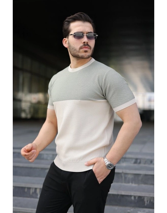 Erkek Renk Bloklu Bisiklet Yaka Kısa Kollu Triko Tişört