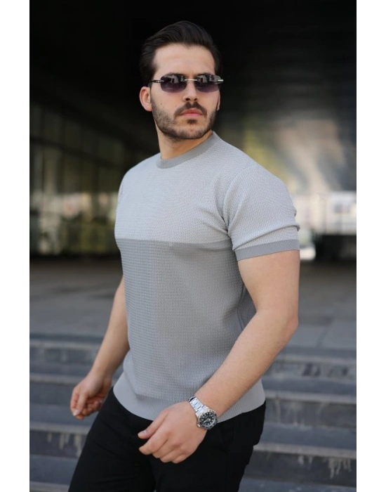 Erkek Renk Bloklu Bisiklet Yaka Kısa Kollu Triko Tişört