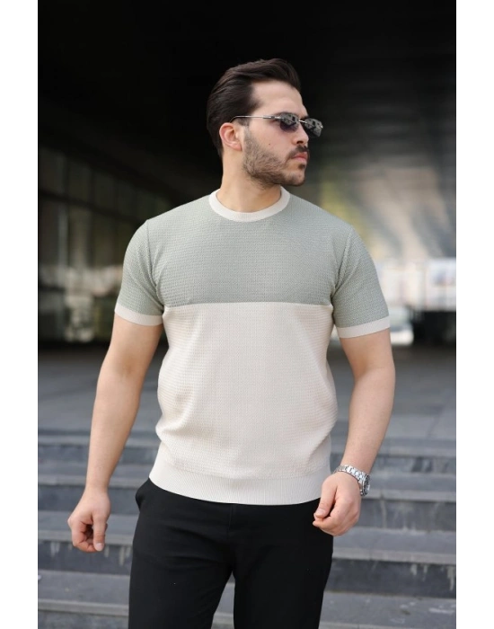 Erkek Renk Bloklu Bisiklet Yaka Kısa Kollu Triko Tişört
