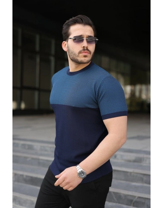 Erkek Renk Bloklu Bisiklet Yaka Kısa Kollu Triko Tişört