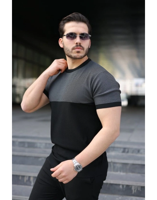 Erkek Renk Bloklu Bisiklet Yaka Kısa Kollu Triko Tişört