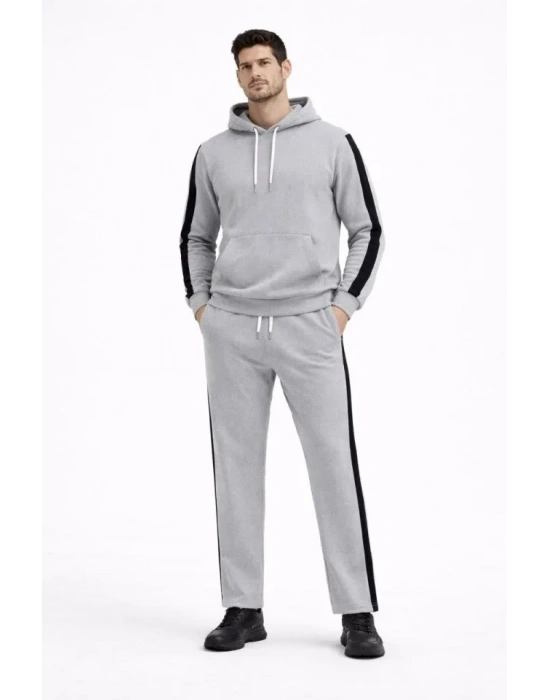 Erkek Şeritli Eşofman Takım Kapüşonlu Sweatshirt Boru Paça Alt, Oversize 3 Iplik Pamuklu - Gri