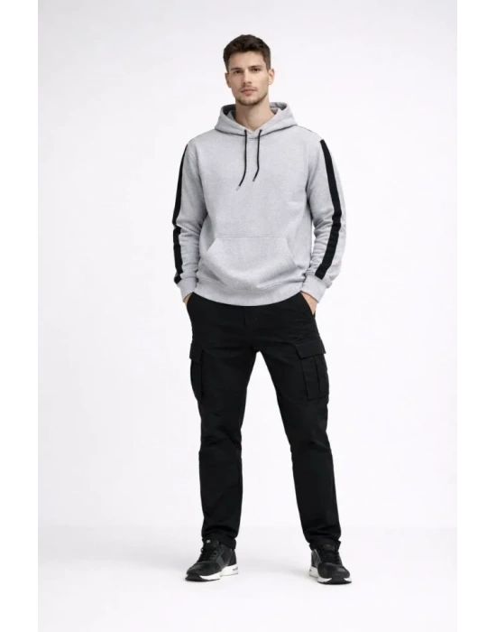 Erkek Şeritli Kapüşonlu Sweatshirt Oversize 3 Iplik Pamuklu - Beyaz