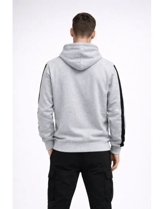 Erkek Şeritli Kapüşonlu Sweatshirt Oversize 3 Iplik Pamuklu - Beyaz