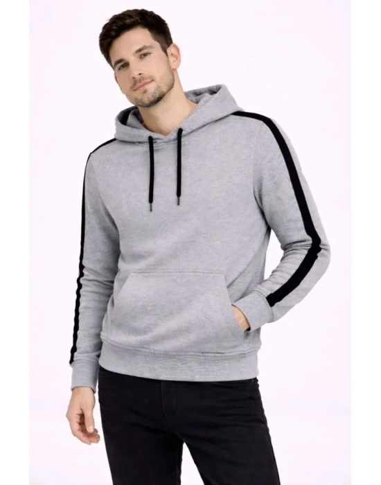 Erkek Şeritli Kapüşonlu Sweatshirt Oversize 3 Iplik Pamuklu - Gri