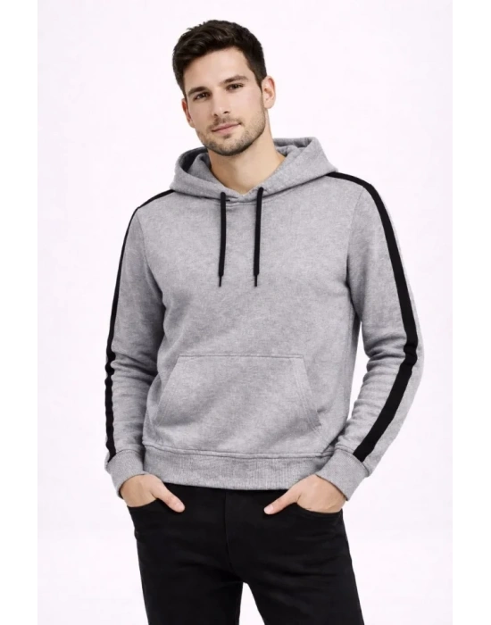 Erkek Şeritli Kapüşonlu Sweatshirt Oversize 3 Iplik Pamuklu - Gri