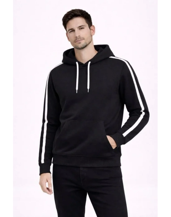 Erkek Şeritli Kapüşonlu Sweatshirt Oversize 3 Iplik Pamuklu - Siyah