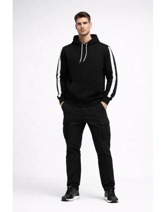 Erkek Şeritli Kapüşonlu Sweatshirt Oversize 3 Iplik Pamuklu - Siyah