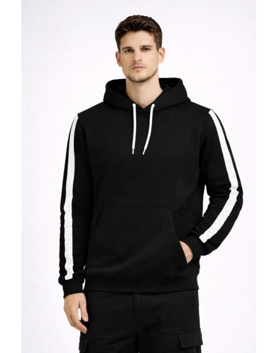 Erkek Şeritli Kapüşonlu Sweatshirt Oversize 3 Iplik Pamuklu - Siyah