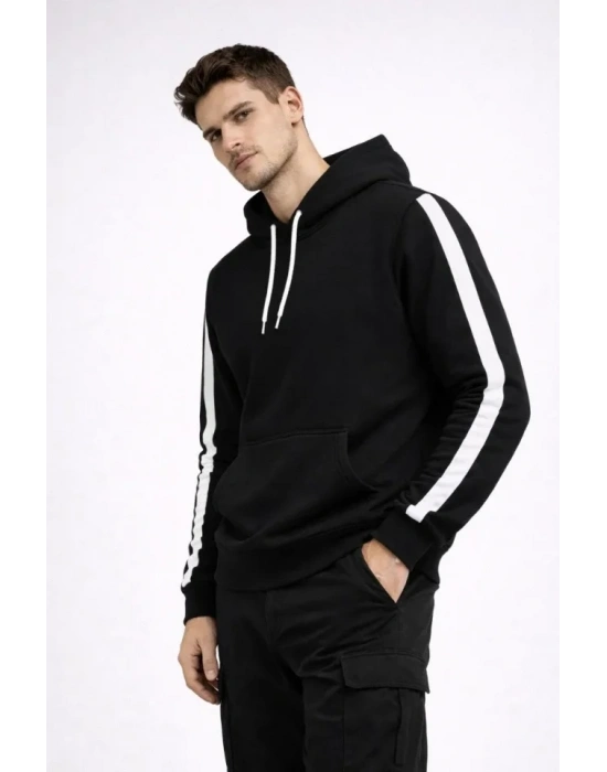 Erkek Şeritli Kapüşonlu Sweatshirt Oversize 3 Iplik Pamuklu - Siyah