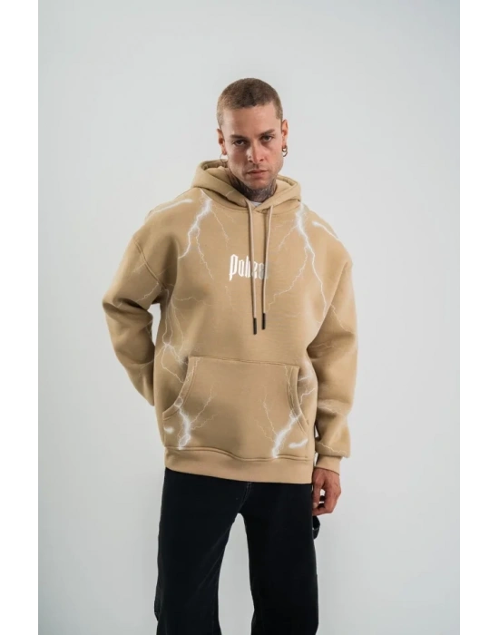 Erkek Şimşek Baskılı Kapşonlu Sweatshirt Üç İplik Pamuklu Kanguru Cepli Double Oversize Hoodie - Bej