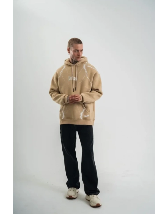 Erkek Şimşek Baskılı Kapşonlu Sweatshirt Üç İplik Pamuklu Kanguru Cepli Double Oversize Hoodie - Bej
