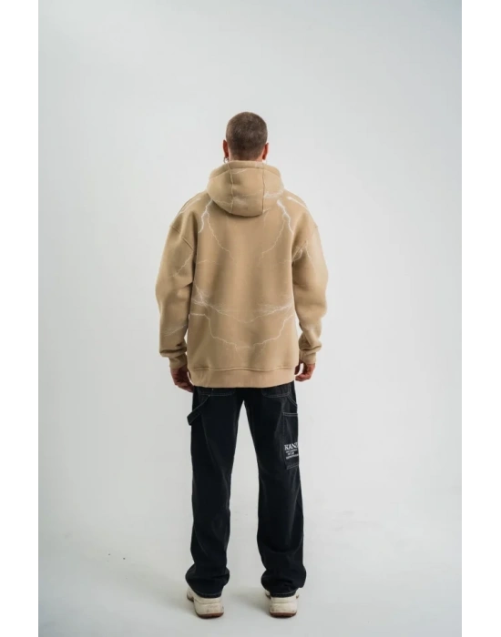 Erkek Şimşek Baskılı Kapşonlu Sweatshirt Üç İplik Pamuklu Kanguru Cepli Double Oversize Hoodie - Bej