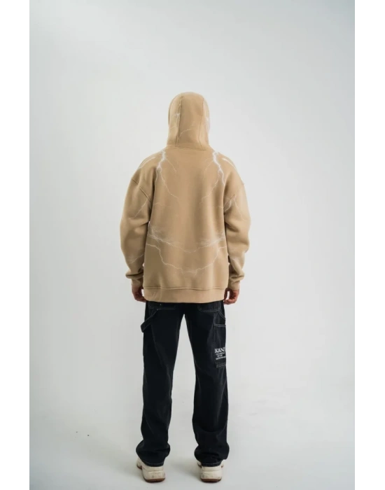 Erkek Şimşek Baskılı Kapşonlu Sweatshirt Üç İplik Pamuklu Kanguru Cepli Double Oversize Hoodie - Bej