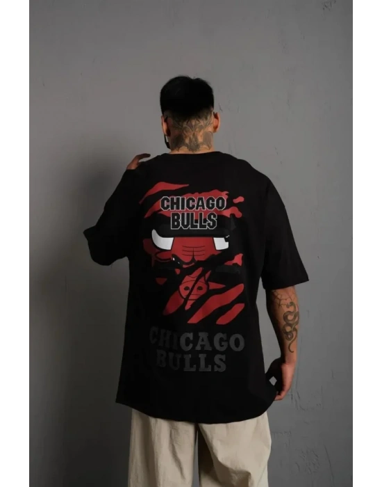 Erkek Sırt Baskılı A Kalite Oversize T-shirt - Siyah