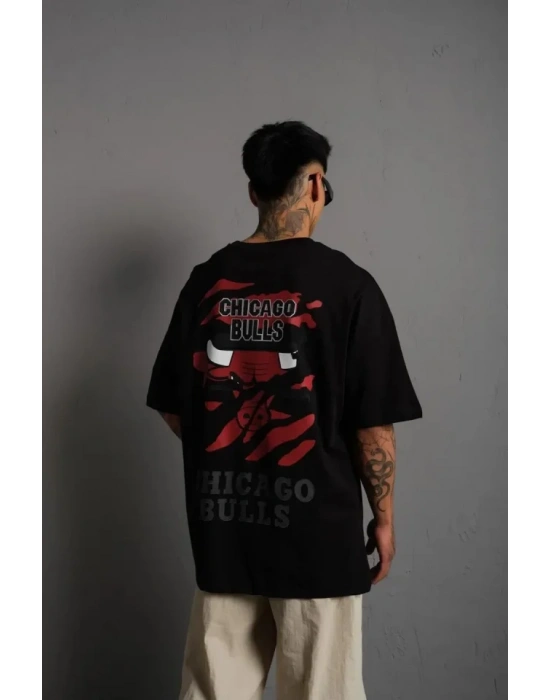 Erkek Sırt Baskılı A Kalite Oversize T-shirt - Siyah