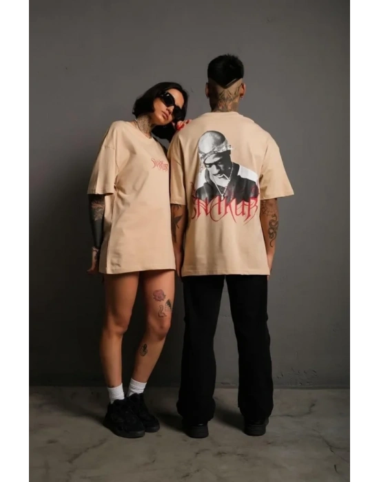 Erkek Sırt Baskılı Oversize T-shirt - Bej