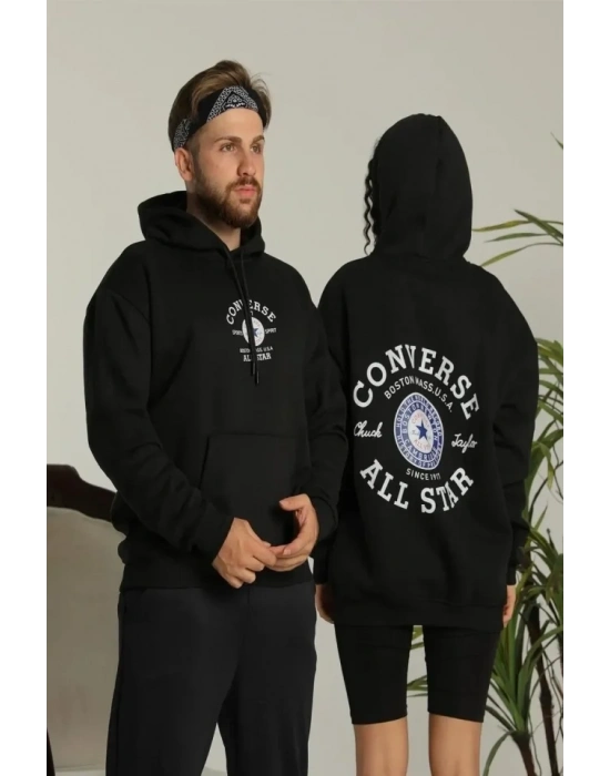 Erkek Sırt Baskılı Oversize Üç İplik Kapüşonlu Hoodie Sweatshirt - Siyah