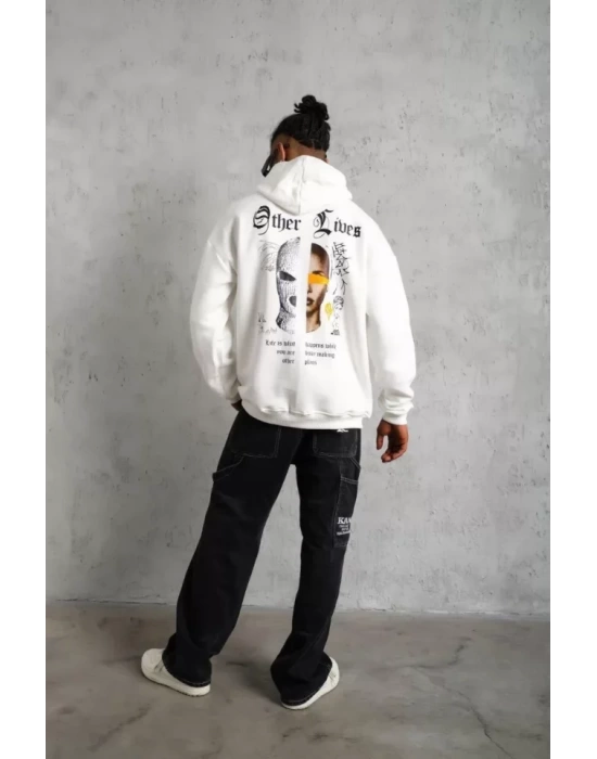 Erkek Sırt Baskılı Oversize Üç İplik Kapüşonlu Sweatshirt - Beyaz