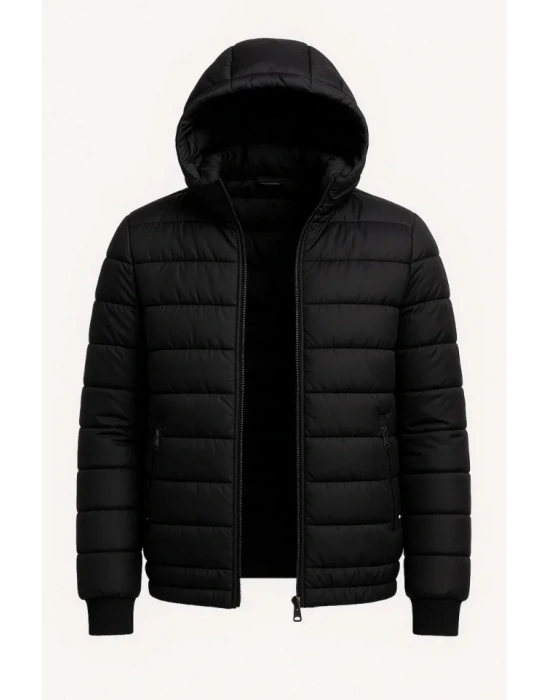 Erkek Şişme Kapüşonlu Fermuarlı Mont Su Itici Kapitone Astarlı Kumaş Cepli Kışlık Rahat Kalıp - Siyah