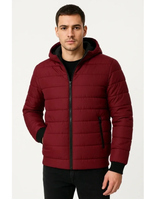 Erkek Şişme Kapüşonlu Fermuarlı Mont Su Itici Kapitone Astarlı Kumaş Cepli Kışlık Rahat Kalıp - Bordo