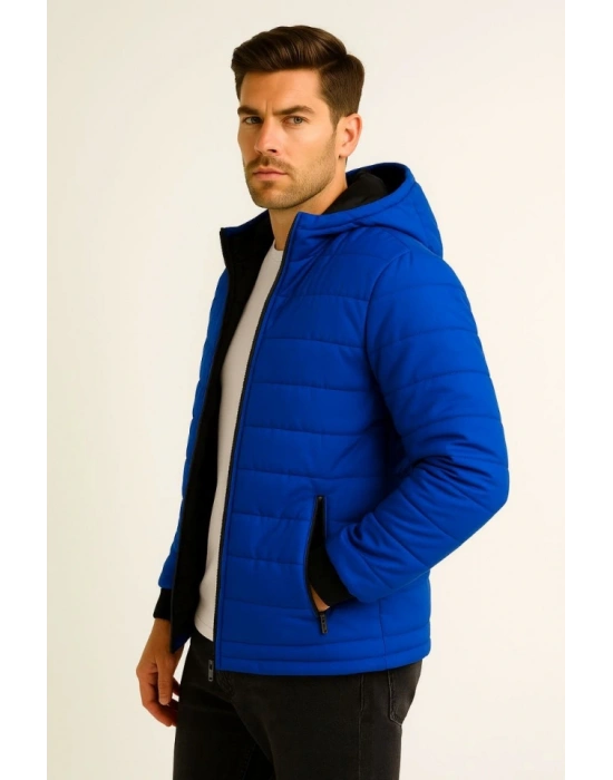 Erkek Şişme Kapüşonlu Fermuarlı Mont Su Itici Kapitone Astarlı Kumaş Cepli Kışlık Rahat Kalıp - Saks Mavisi