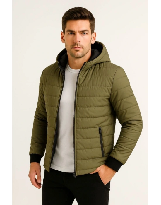 Erkek Şişme Kapüşonlu Fermuarlı Mont Su Itici Kapitone Astarlı Kumaş Cepli Kışlık Rahat Kalıp - Haki