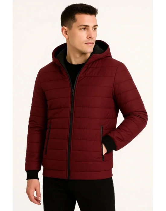 Erkek Şişme Kapüşonlu Fermuarlı Mont Su Itici Kapitone Astarlı Kumaş Cepli Kışlık Rahat Kalıp - Bordo