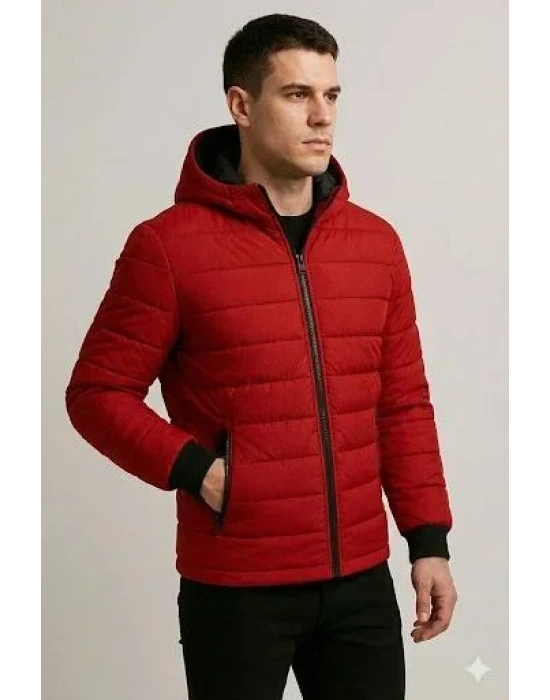 Erkek Şişme Kapüşonlu Fermuarlı Mont Su Itici Kapitone Astarlı Kumaş Cepli Kışlık Rahat Kalıp - Kırmızı