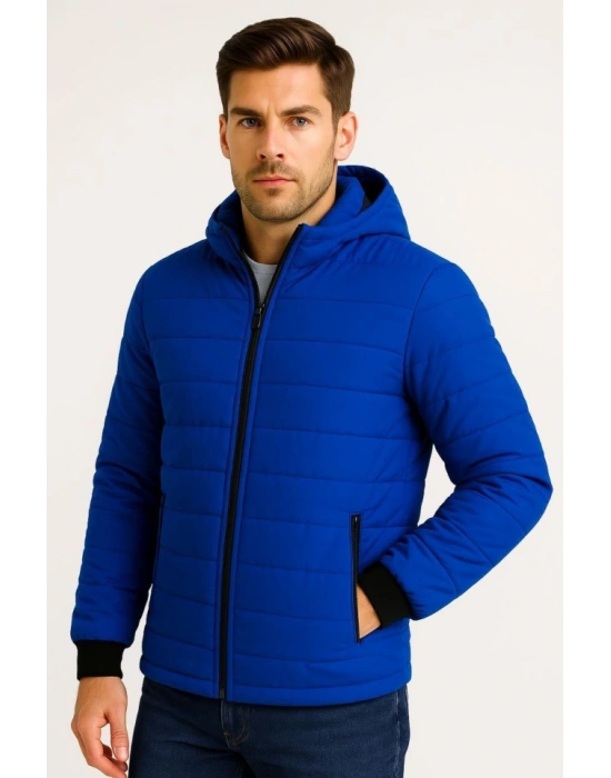 Erkek Şişme Kapüşonlu Fermuarlı Mont Su Itici Kapitone Astarlı Kumaş Cepli Kışlık Rahat Kalıp - Saks Mavisi