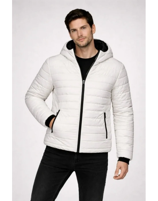 Erkek Şişme Kapüşonlu Fermuarlı Mont Su Itici Kapitone Astarlı Kumaş Cepli Kışlık Rahat Kalıp - Krem