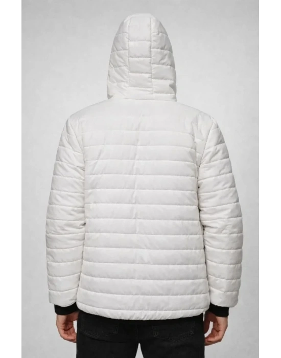 Erkek Şişme Kapüşonlu Fermuarlı Mont Su Itici Kapitone Astarlı Kumaş Cepli Kışlık Rahat Kalıp - Krem