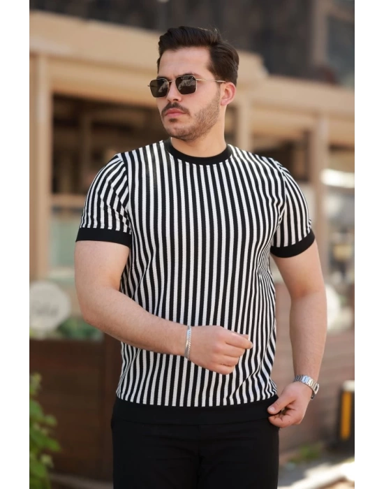 Erkek Siyah Beyaz örme Pamuklu Kumaş Kısa Kollu T-shirt