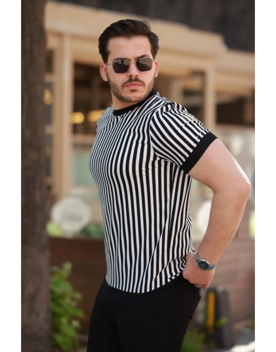 Erkek Siyah Beyaz örme Pamuklu Kumaş Kısa Kollu T-shirt