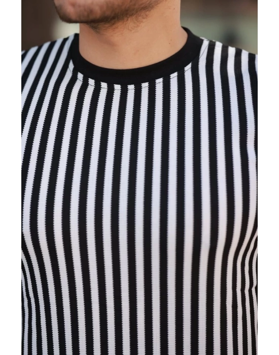Erkek Siyah Beyaz örme Pamuklu Kumaş Kısa Kollu T-shirt