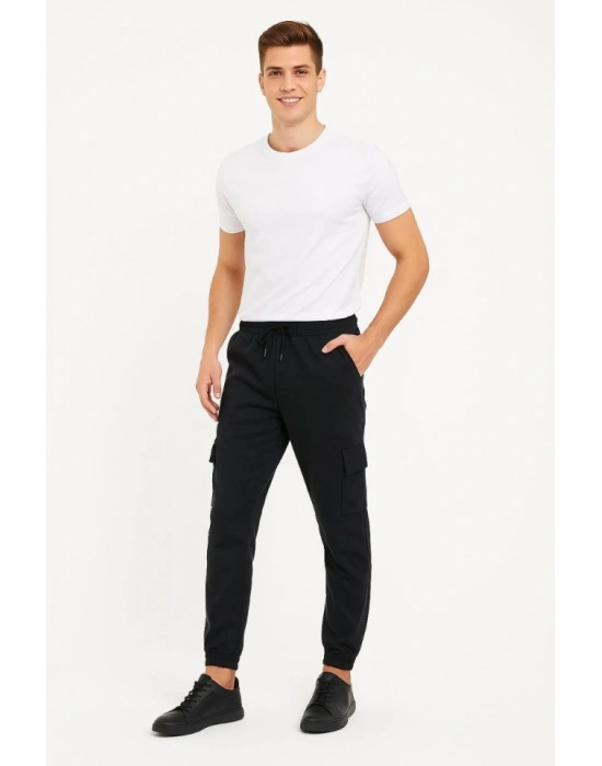 Erkek Siyah Jogger Eşofman Altı Rahat Kalıp, Kargo Cepli, Lastikli Paça, Günlük Spor Pantolon - Siyah