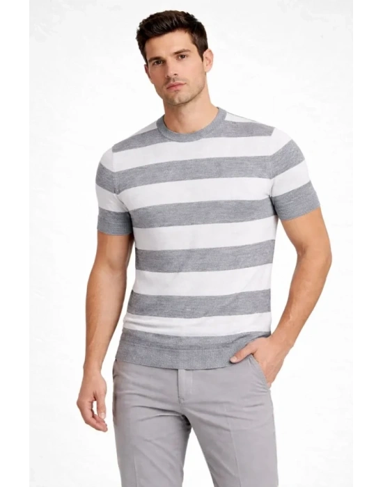 Erkek T-shirt Çizgili Triko Dokuma Bisiklet Yaka Tişört - Gri