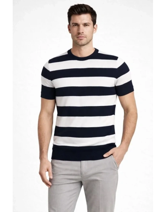 Erkek T-shirt Çizgili Triko Dokuma Bisiklet Yaka Tişört  - Siyah