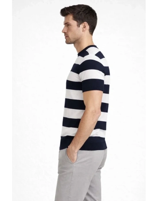 Erkek T-shirt Çizgili Triko Dokuma Bisiklet Yaka Tişört  - Siyah