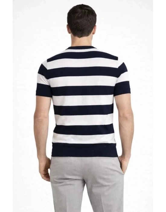 Erkek T-shirt Çizgili Triko Dokuma Bisiklet Yaka Tişört  - Siyah