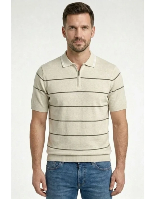Erkek T-shirt Çizgili Triko Dokuma Kumaş Polo Yaka Yarım Fermuarlı Regular Kalıp Tişört - Bej