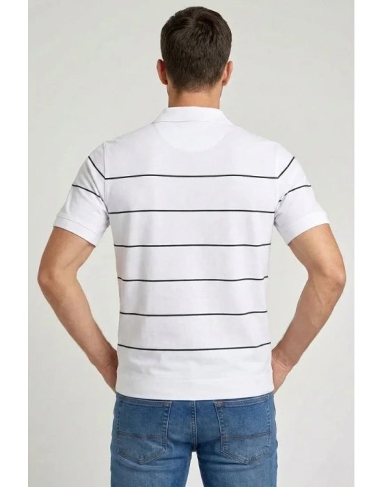 Erkek T-shirt Çizgili Triko Dokuma Kumaş Polo Yaka Yarım Fermuarlı Regular Kalıp Tişört - Beyaz