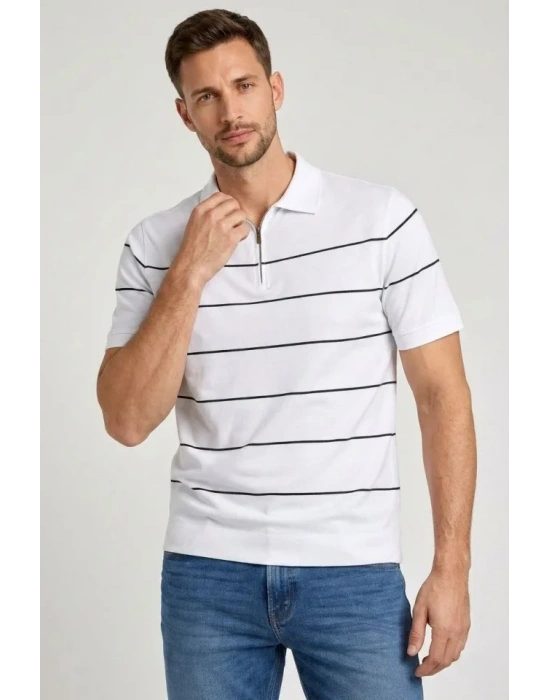 Erkek T-shirt Çizgili Triko Dokuma Kumaş Polo Yaka Yarım Fermuarlı Regular Kalıp Tişört - Beyaz
