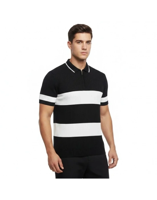 Erkek T-shirt Çizgili Triko Dokuma Kumaş Polo Yaka Yarım Fermuarlı Regular Kalıp Tişört - Siyah