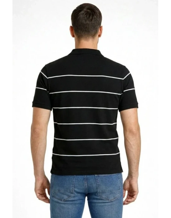Erkek T-shirt Çizgili Triko Dokuma Kumaş Polo Yaka Yarım Fermuarlı Regular Kalıp Tişört - Siyah