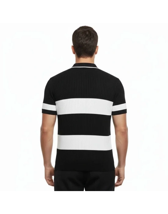 Erkek T-shirt Çizgili Triko Dokuma Kumaş Polo Yaka Yarım Fermuarlı Regular Kalıp Tişört - Siyah