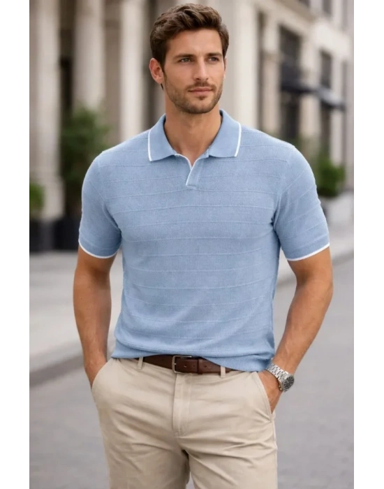 Erkek Triko Kumaş Yakalı Düğmesiz Açık Yaka Fitilli Kısa Kollu Regular Fit Tişört T-shirt - Bebek Mavisi