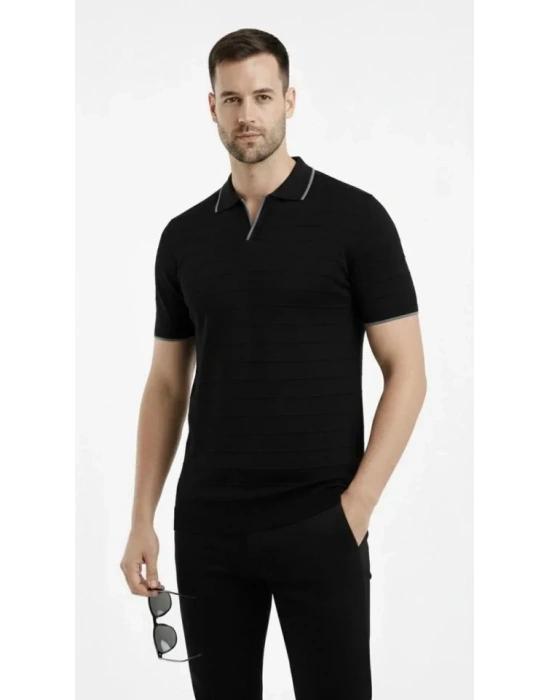 Erkek Triko Kumaş Yakalı Düğmesiz Açık Yaka Fitilli Kısa Kollu Regular Fit Tişört T-shirt - Siyah