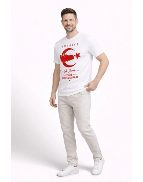 Erkek TÜRKİYE Ay Yıldız Baskılı Taraftar Forma T-Shirt - Beyaz