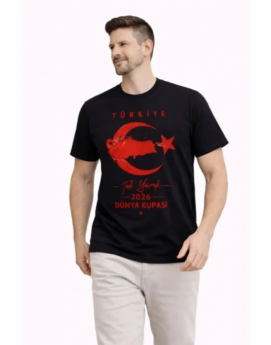 Erkek TÜRKİYE Ay Yıldız Baskılı Taraftar Forma T-Shirt - Siyah